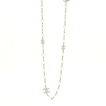 Chanel Graduated Pearl Crystal CC Long Necklace Silver 1 of 5