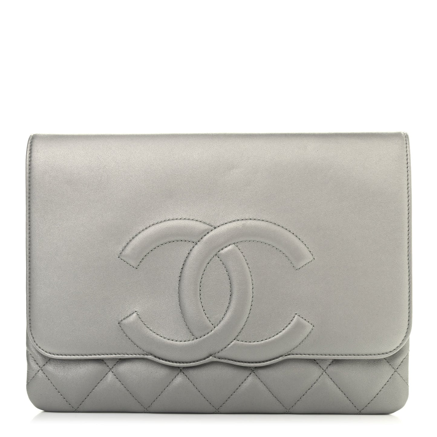 Metallic Goatskin Quilted Timeless CC Clutch Silver
