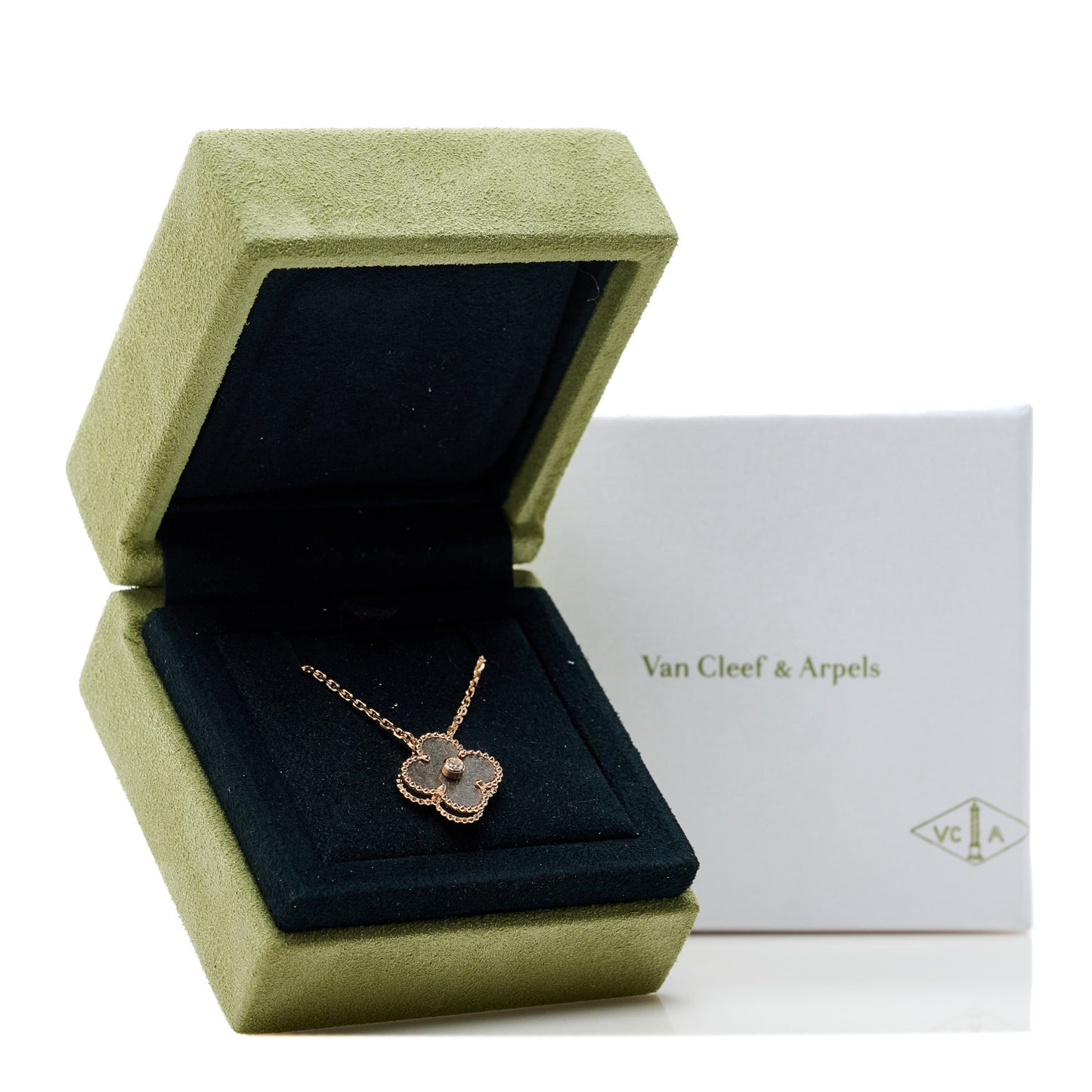 18K Rose Gold Diamond Silver Obsidian Vintage Alhambra Pendant Necklace