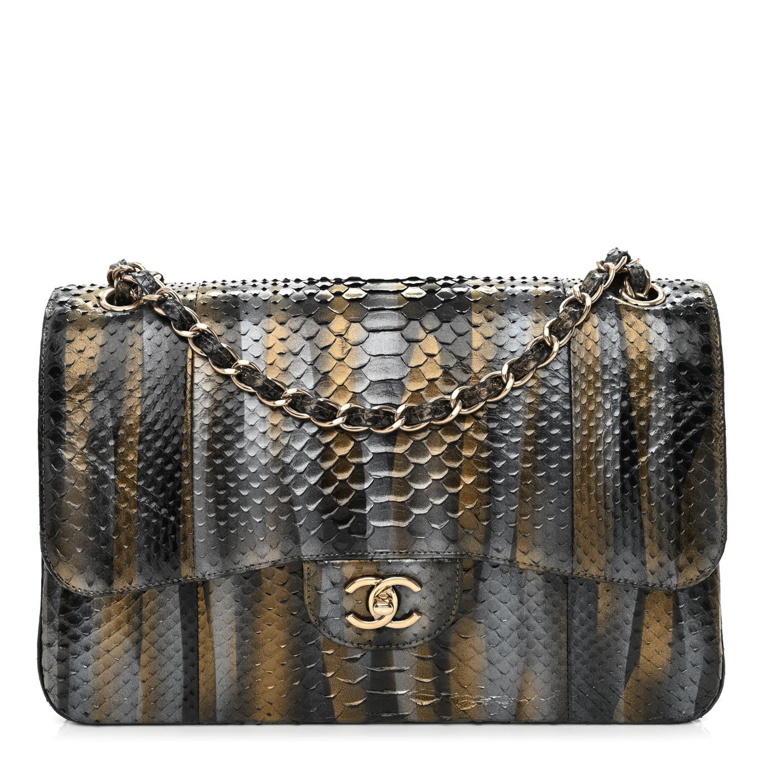 Chanel Metallic Snakeskin Jumbo Double Flap Black Gold Grey 1 of 12