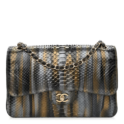 Chanel Metallic Snakeskin Jumbo Double Flap Black Gold Grey 1 of 12