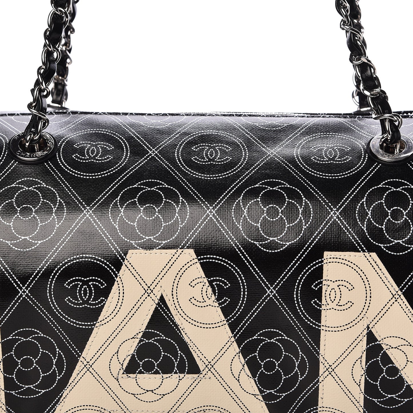 Coated Canvas Camellia Printed Calfskin Bowling Bag Black Beige