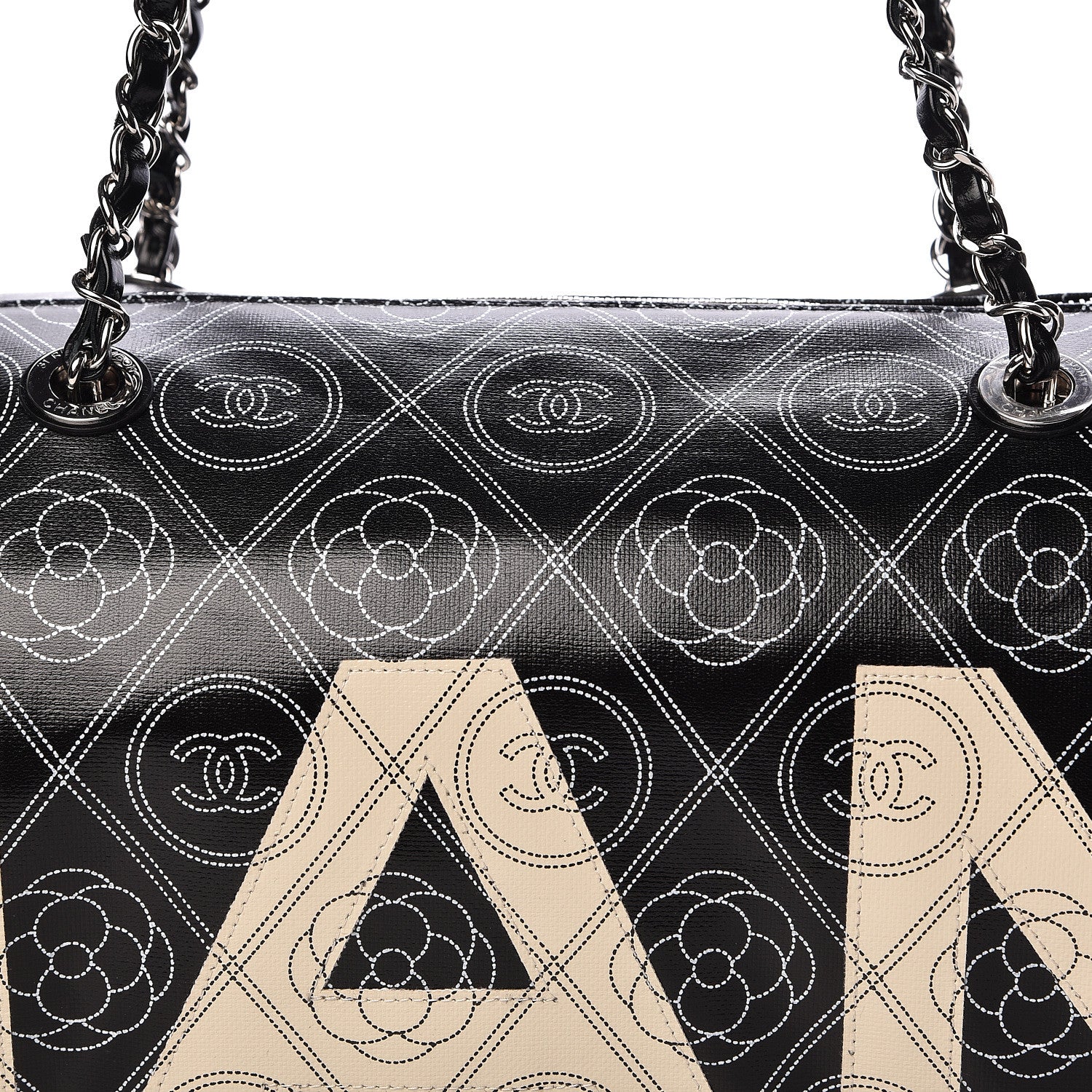 Chanel Coated Canvas Camellia Printed Calfskin Bowling Bag Black Beige 9 of 11