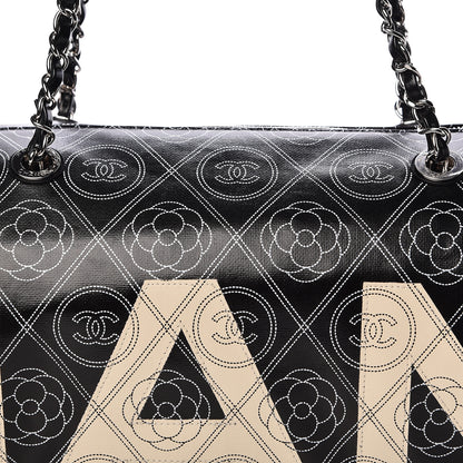 Chanel Coated Canvas Camellia Printed Calfskin Bowling Bag Black Beige 9 of 11