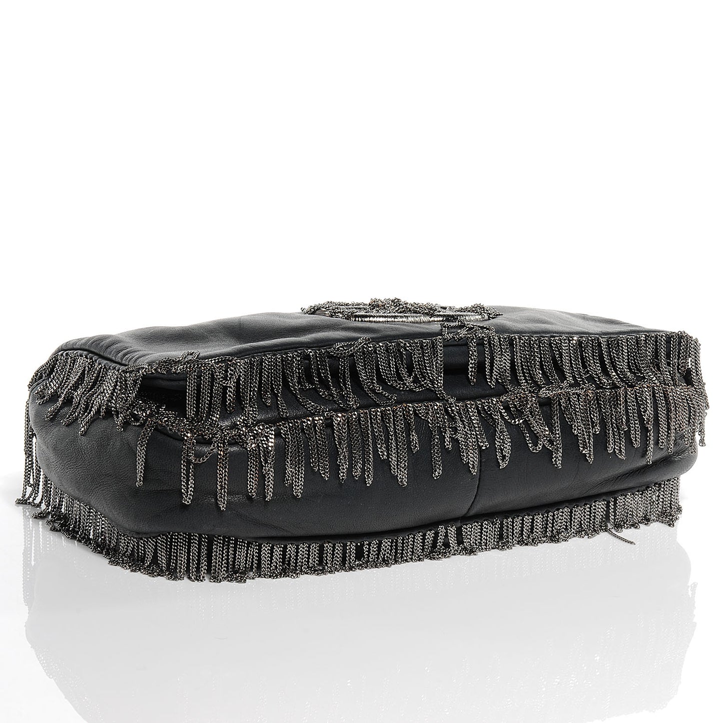 Lambskin Small Rock And Cabaret Chain Fringe Flap Black