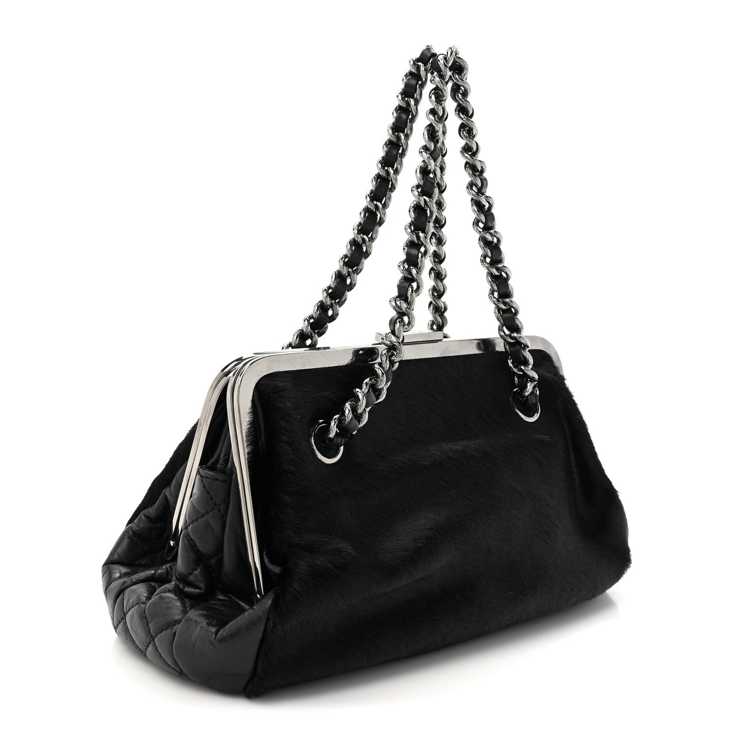 Chanel Pony Hair Lambskin Quilted Kiss Lock Frame Bag Black 3 of 12