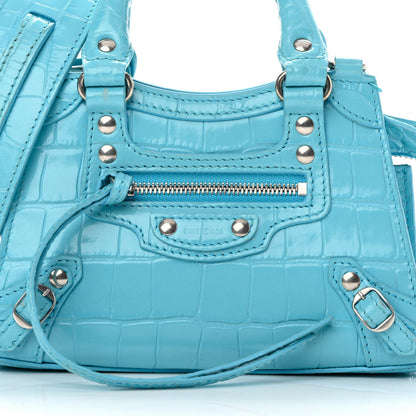 Balenciaga Calfskin Crocodile Embossed Neo Classic Silver Hardware Nano City Crossbody Azur 7 of 15