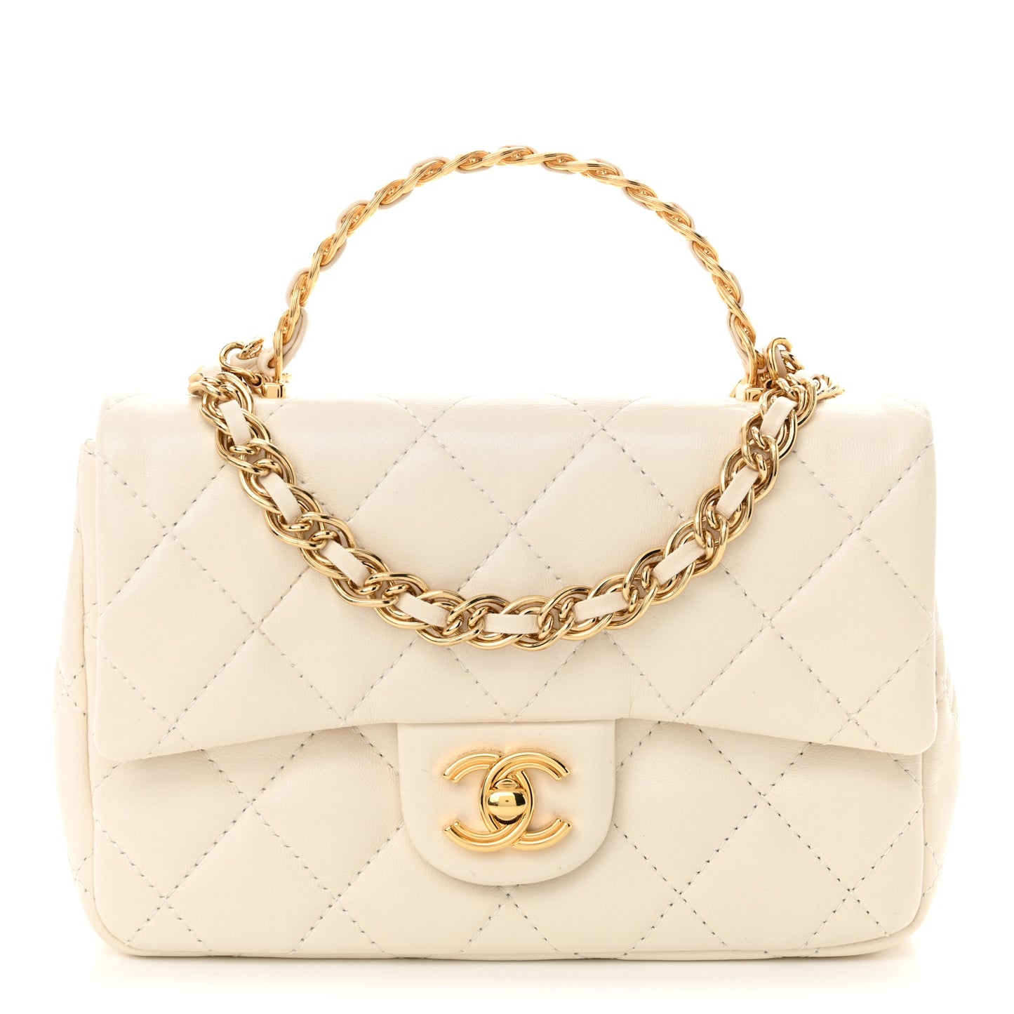 Shiny Lambskin Quilted Golden Links Top Handle Flap White