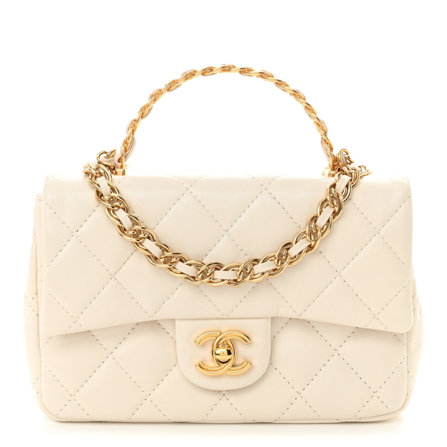 Chanel Shiny Lambskin Quilted Golden Links Top Handle Flap White 1 of 11