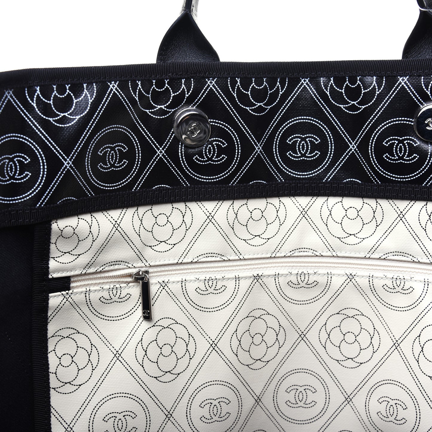 Coated Canvas Camellia Large Shopping Tote Black Beige