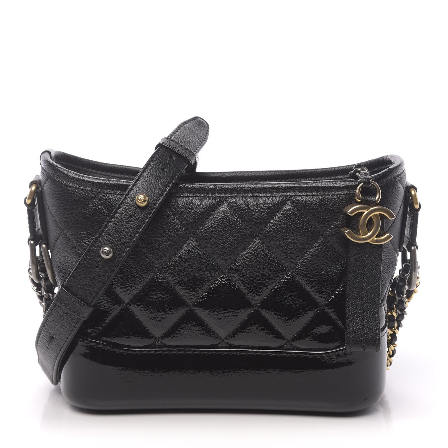 Patent Goatskin Quilted Small Gabrielle Hobo Black