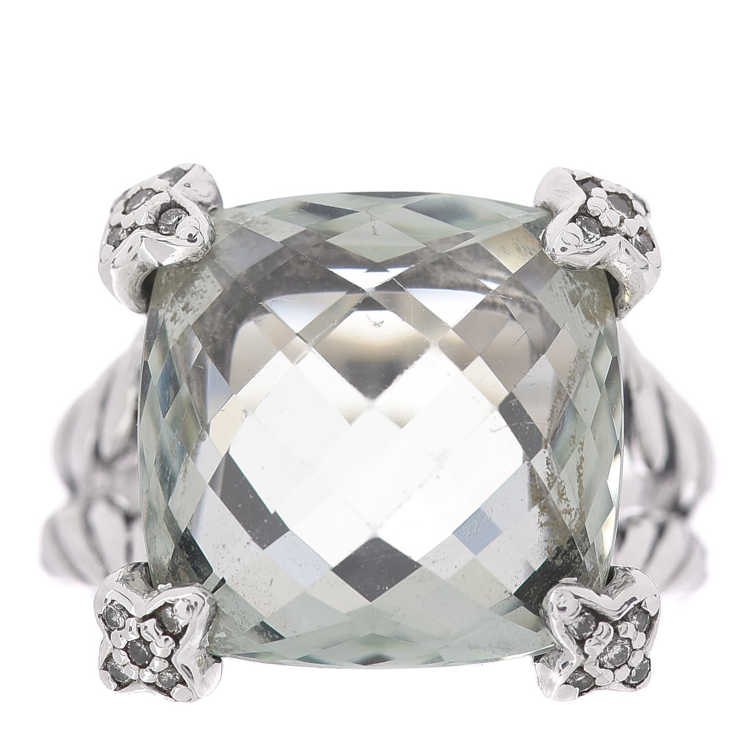David Yurman Sterling Silver Diamond Prasiolite 15mm Cushion On Point Ring 54 6.75 1 of 5