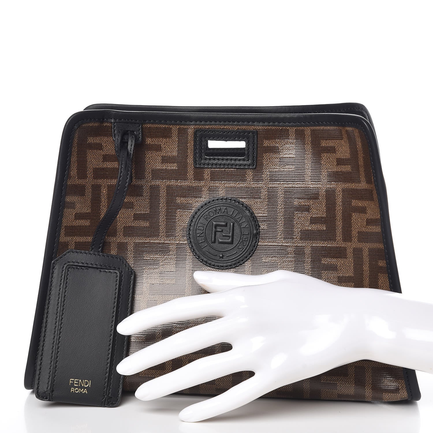 Fendi Glazed Fabric Vitello Century FF 1974 Stamp Patch Mini Peekaboo Defender Cover Mogano Panna Black 2 of 10