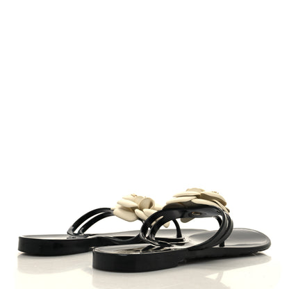 Chanel Jelly Camellia Thong Sandals 39 Black Ivory 4 of 7