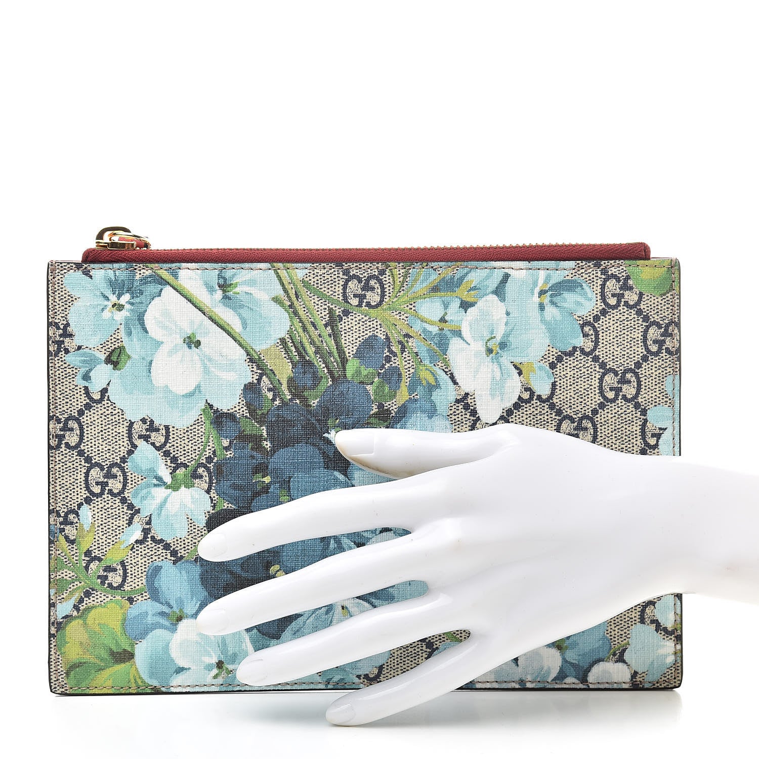 Gucci GG Supreme Monogram Blooms Small Zip Pouch Beige Blue Hibiscus Red 2 of 7