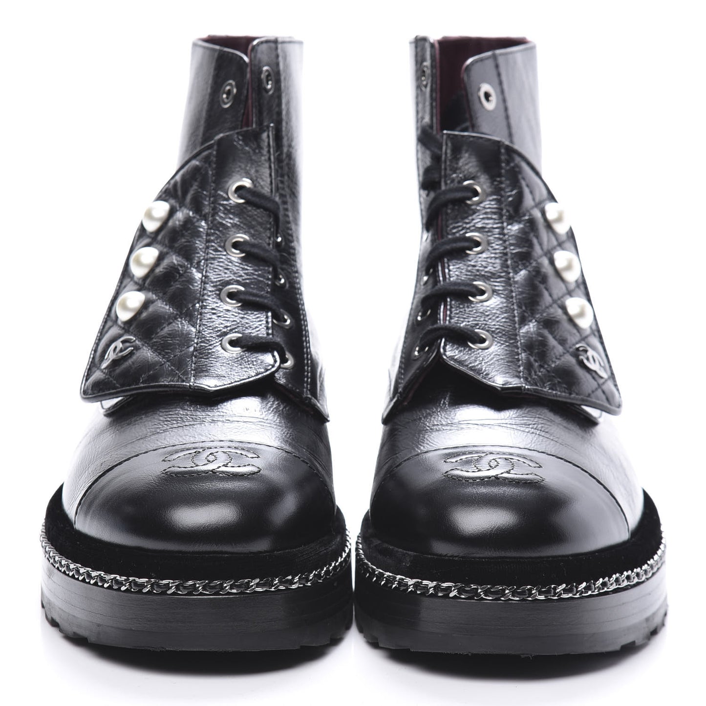 Crackled Calfskin Velvet Pearl Combat Short Boots 40 Black