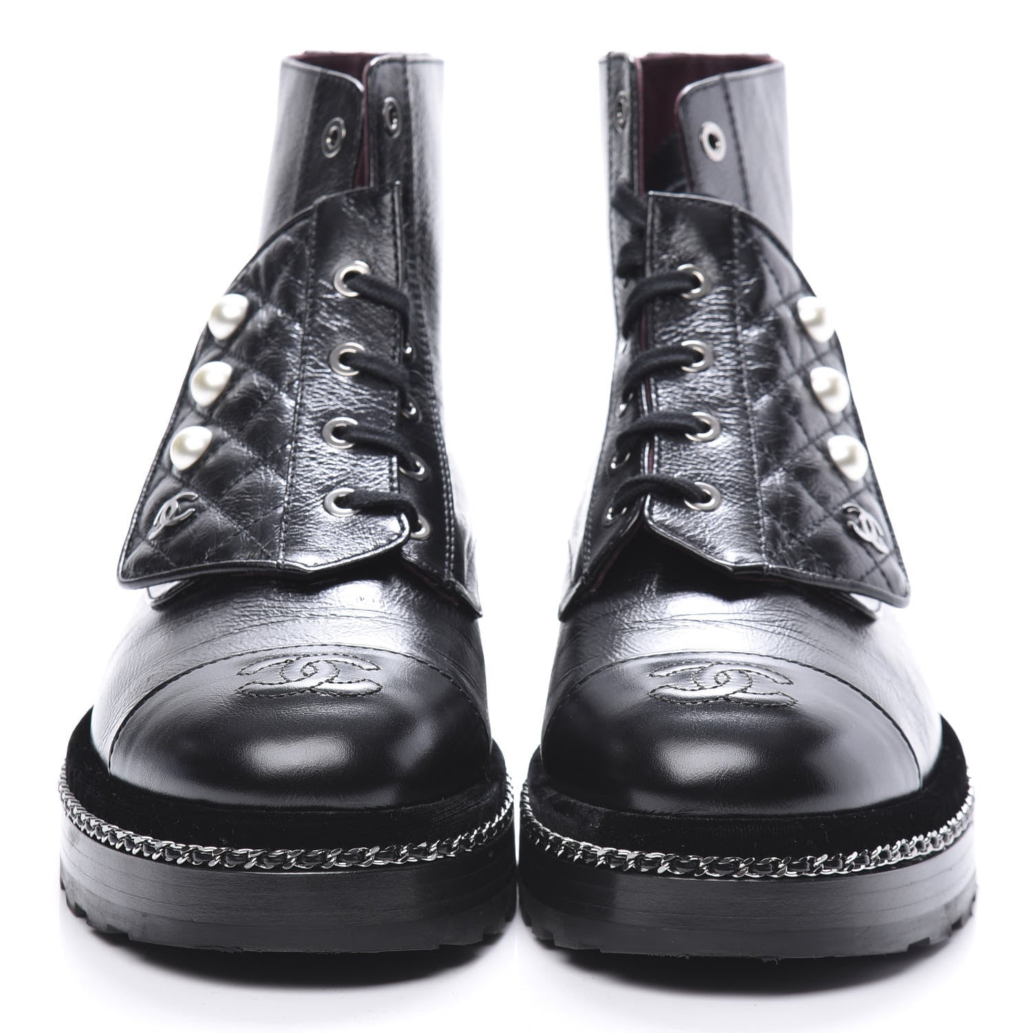 Chanel Crackled Calfskin Velvet Pearl Combat Short Boots 40 Black 4 of 8