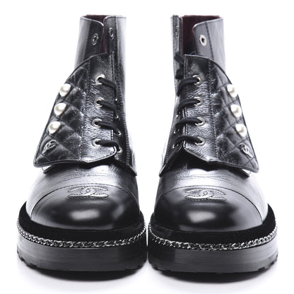 Chanel Crackled Calfskin Velvet Pearl Combat Short Boots 40 Black 4 of 8