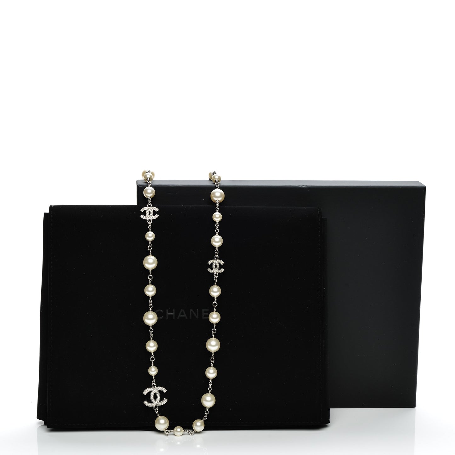 Crystal Pearl CC Long Necklace Silver