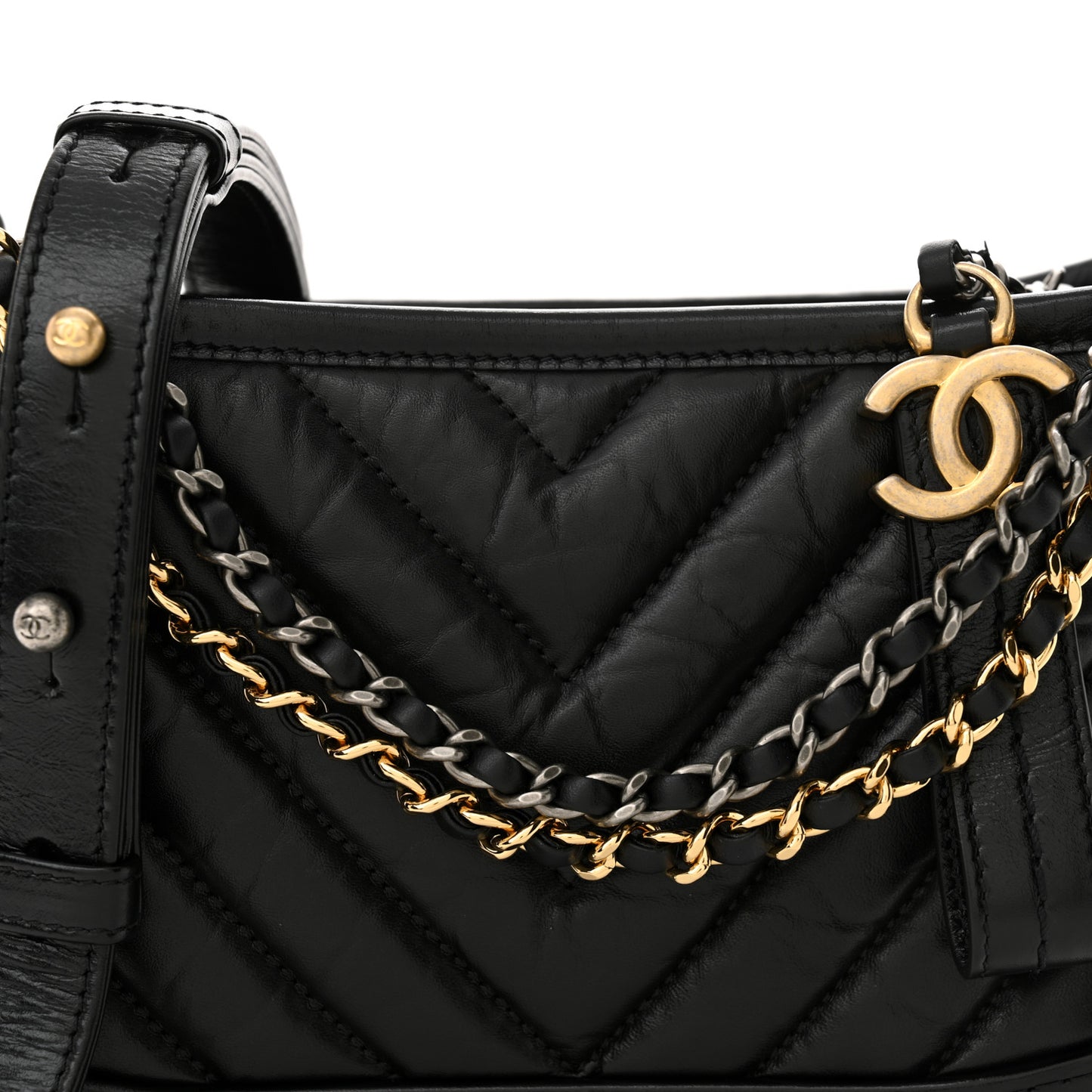 Aged Calfskin Chevron Quilted Small Gabrielle Hobo Black
