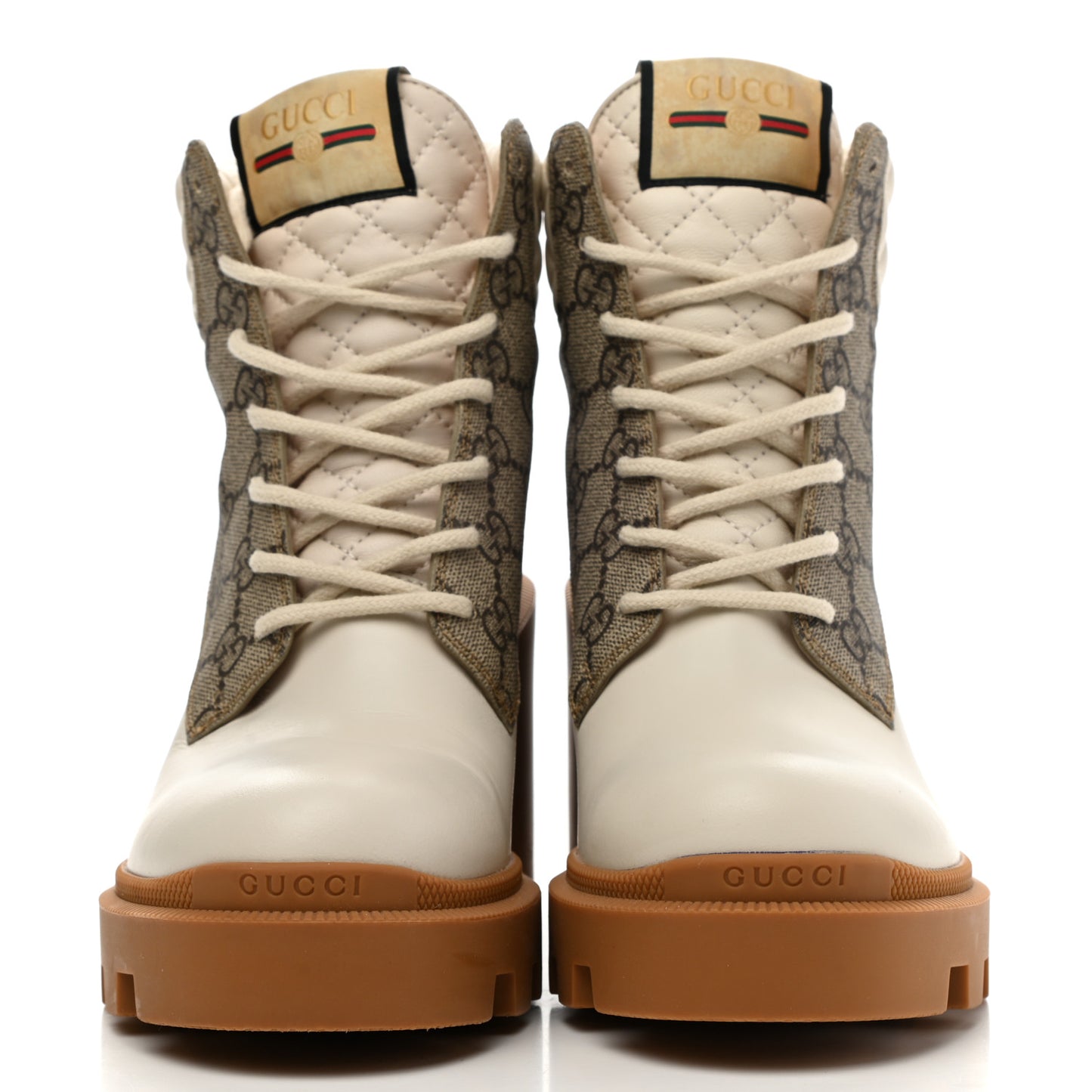 Calfskin GG Supreme Monogram Nappa Quilted Lace Up Ankle Boots 38.5 Mystic White Beige