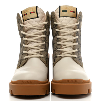 Gucci Calfskin GG Supreme Monogram Nappa Quilted Lace Up Ankle Boots 38.5 Mystic White Beige 2 of 14