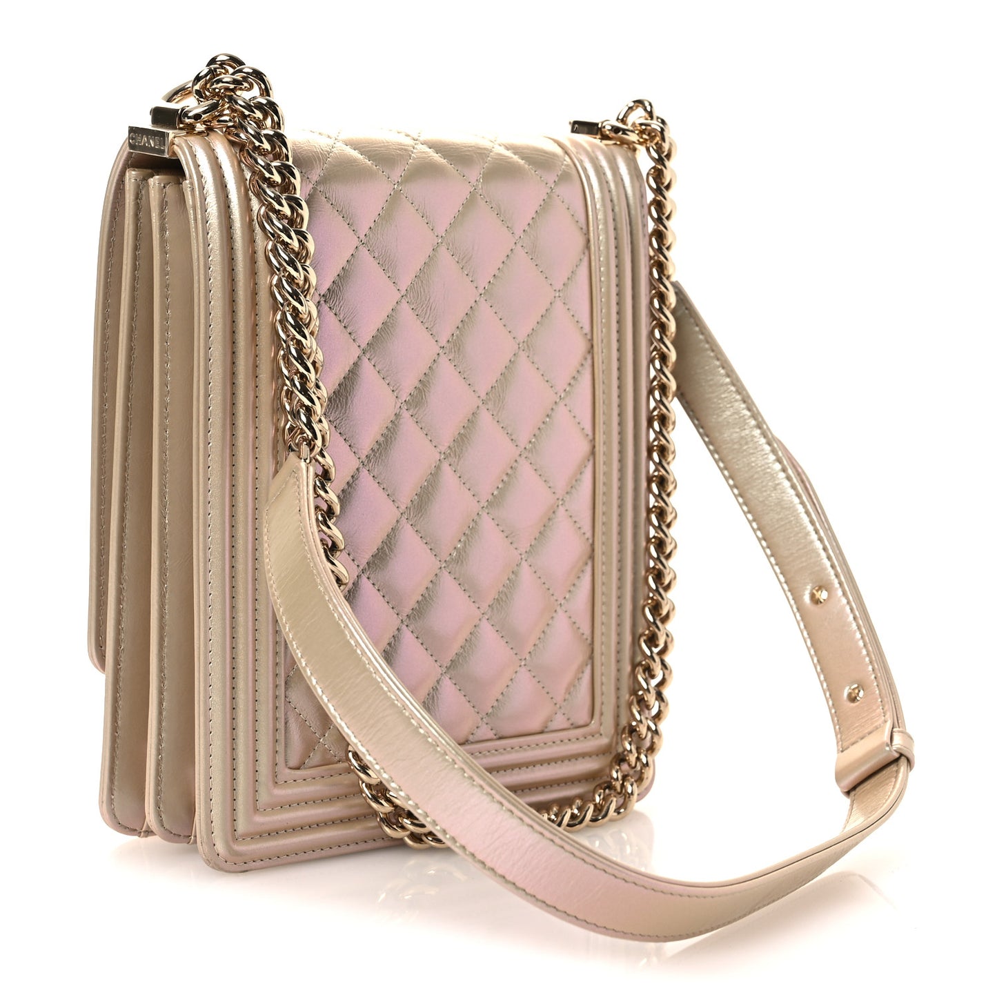 Iridescent Calfskin Quilted North South Boy Flap Beige