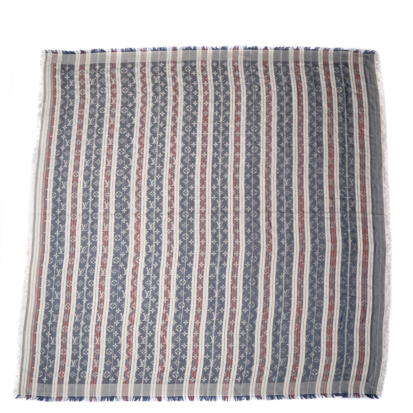 Silk Wool Monogram Mattress Stripes Shawl Blue Jean