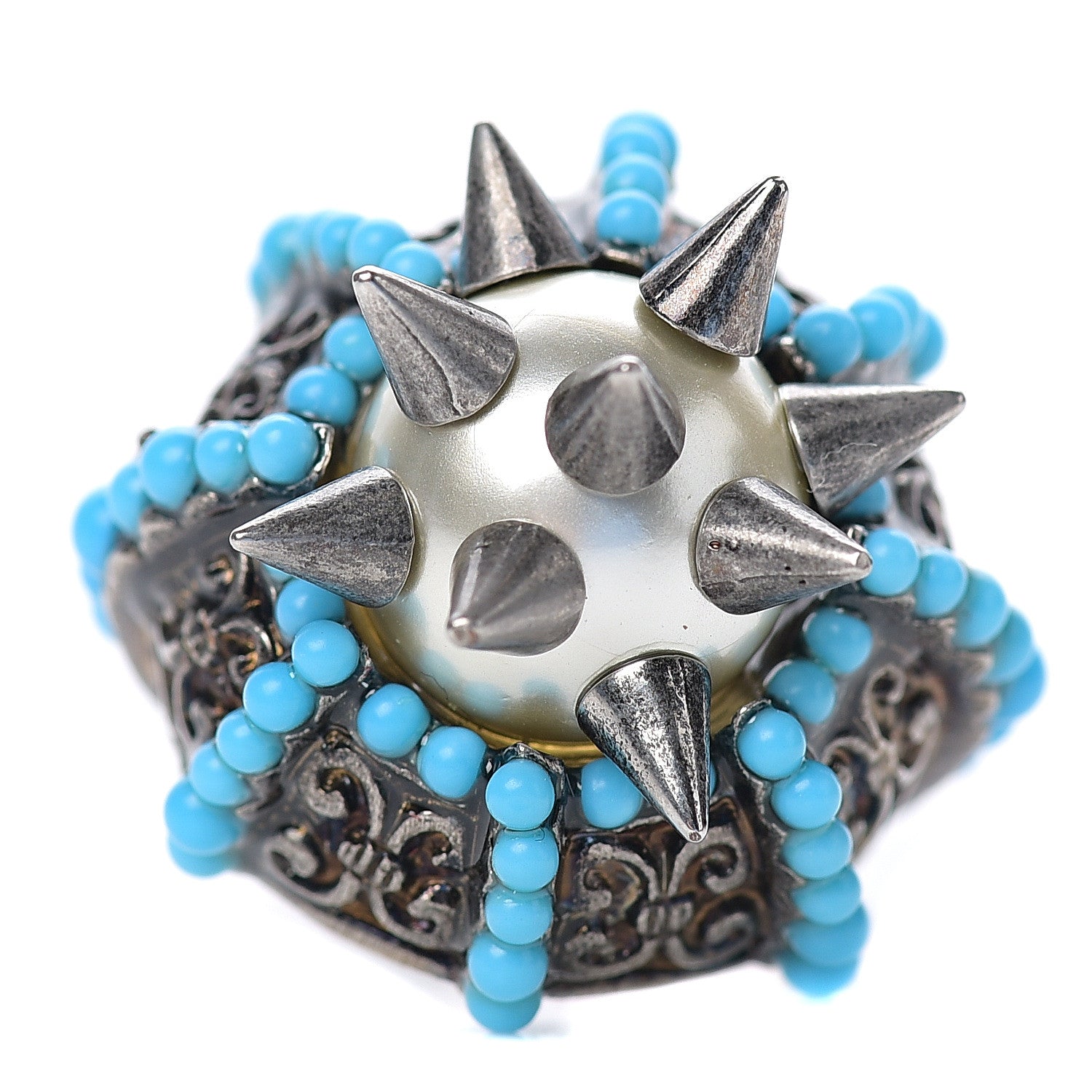 Gucci Pearl Beaded Spiked Ring 6.5 Silver Turquoise 1 of 6