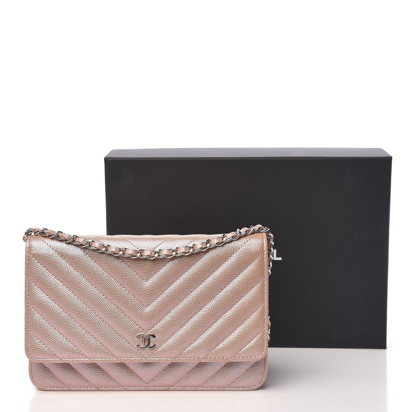 Metallic Caviar Chevron Quilted Wallet On Chain WOC Light Gold