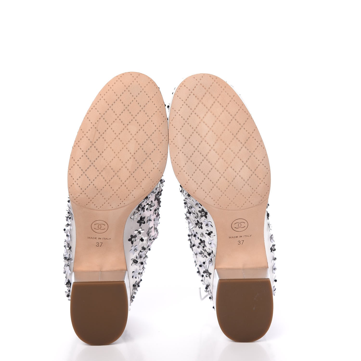 Chanel Mesh Sequin Flower Lace Up Loafers 37 Silver 5 of 9