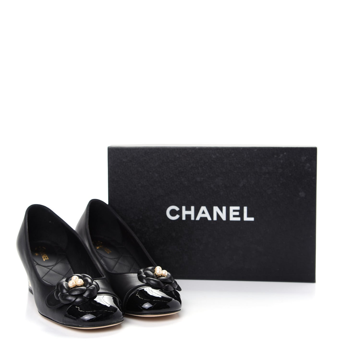 Lambskin Patent Calfskin Pearl Camellia Cap Toe Pumps 37 Black