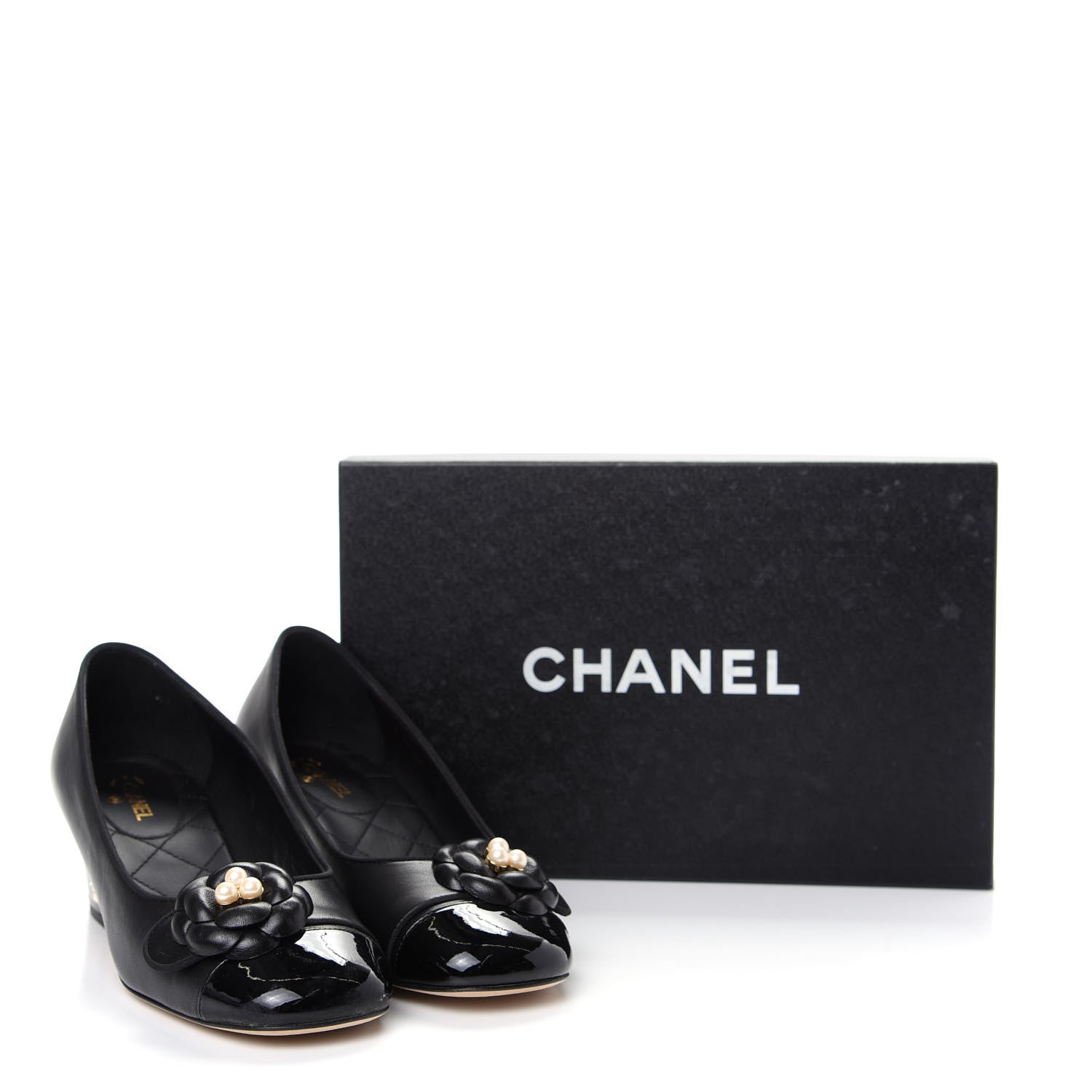 Chanel Lambskin Patent Calfskin Pearl Camellia Cap Toe Pumps 37 Black 11 of 11