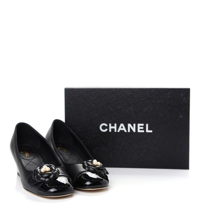 Chanel Lambskin Patent Calfskin Pearl Camellia Cap Toe Pumps 37 Black 11 of 11