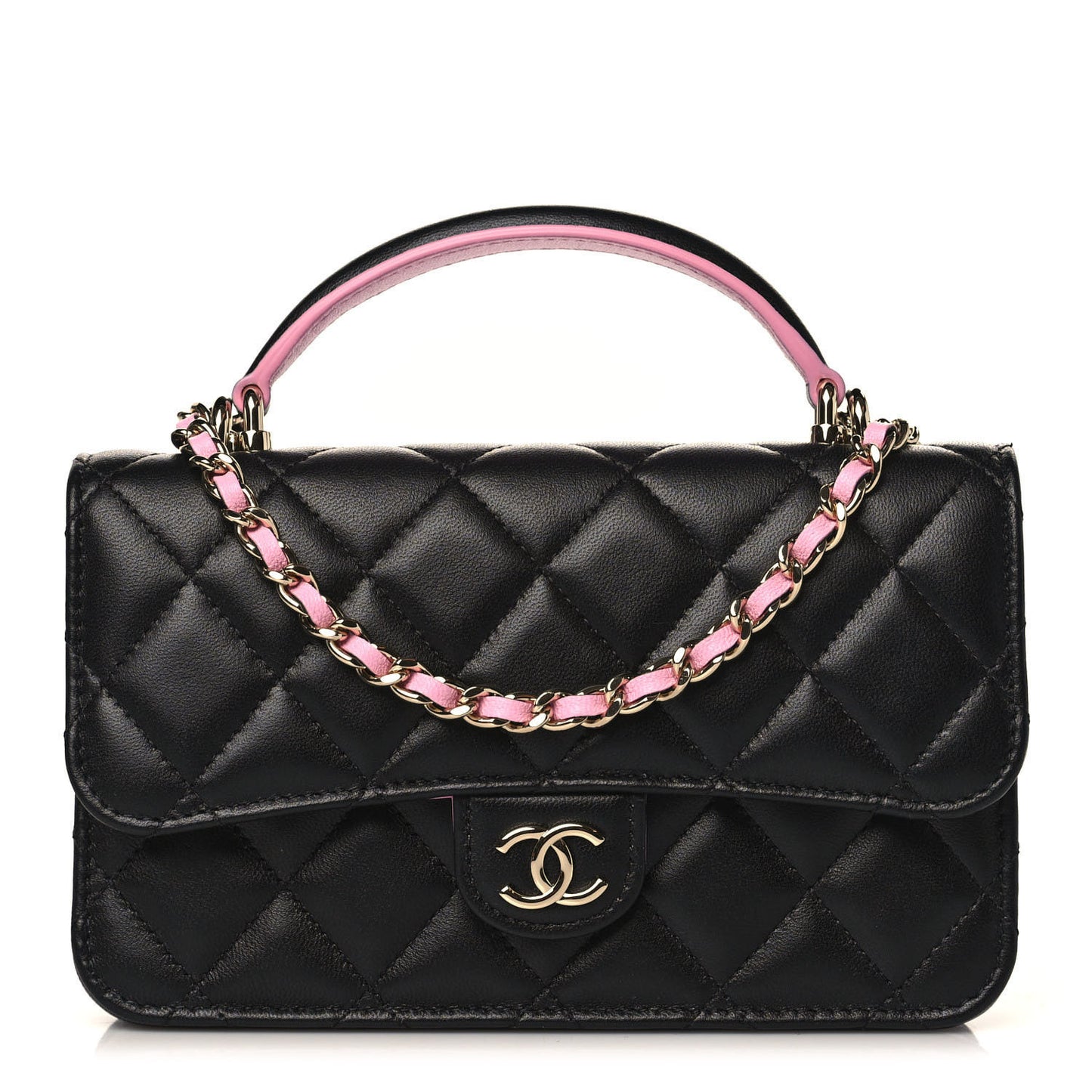 Lambskin Quilted Flap Phone Holder With Chain Black Lilac