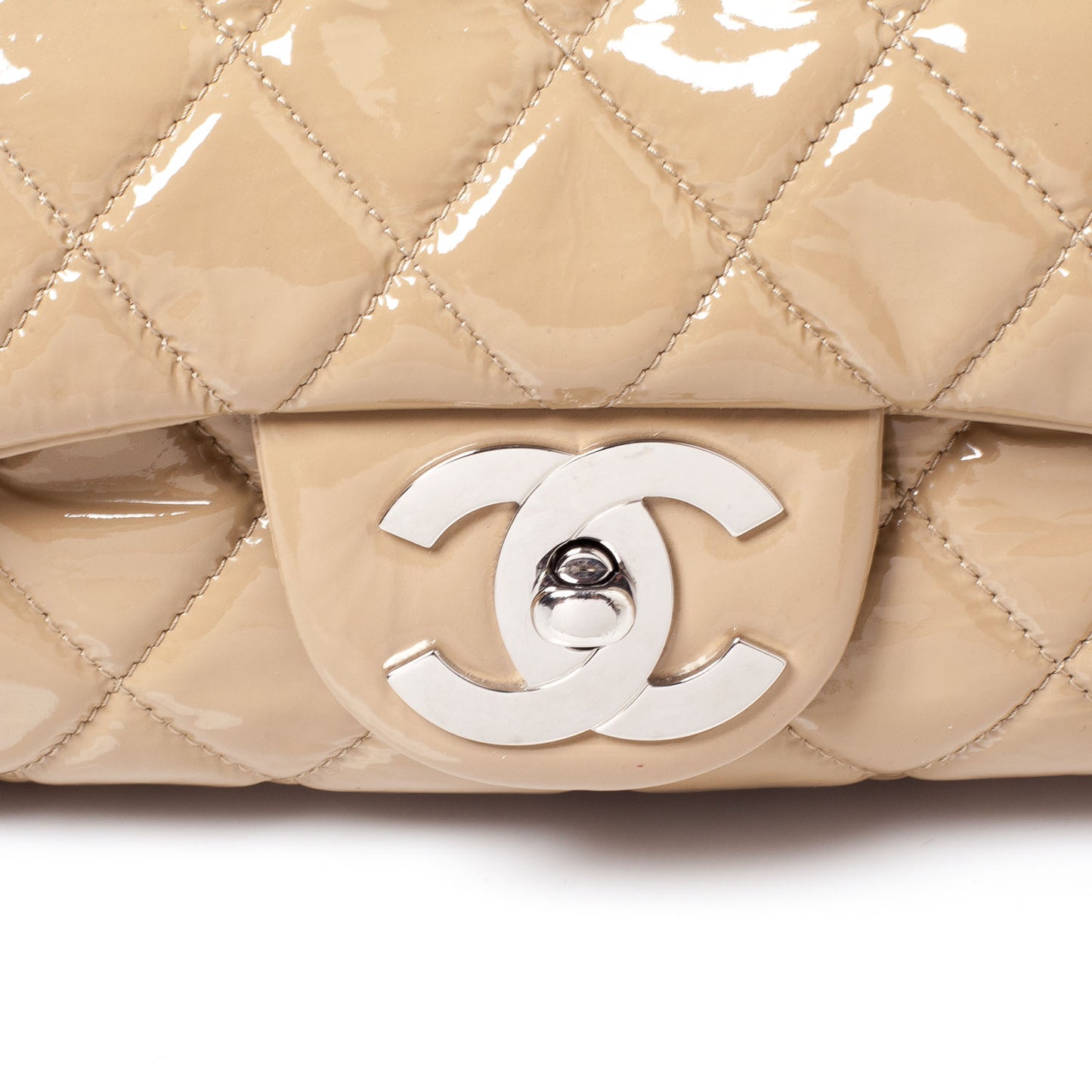 Patent Day Glo Flap Bag Beige