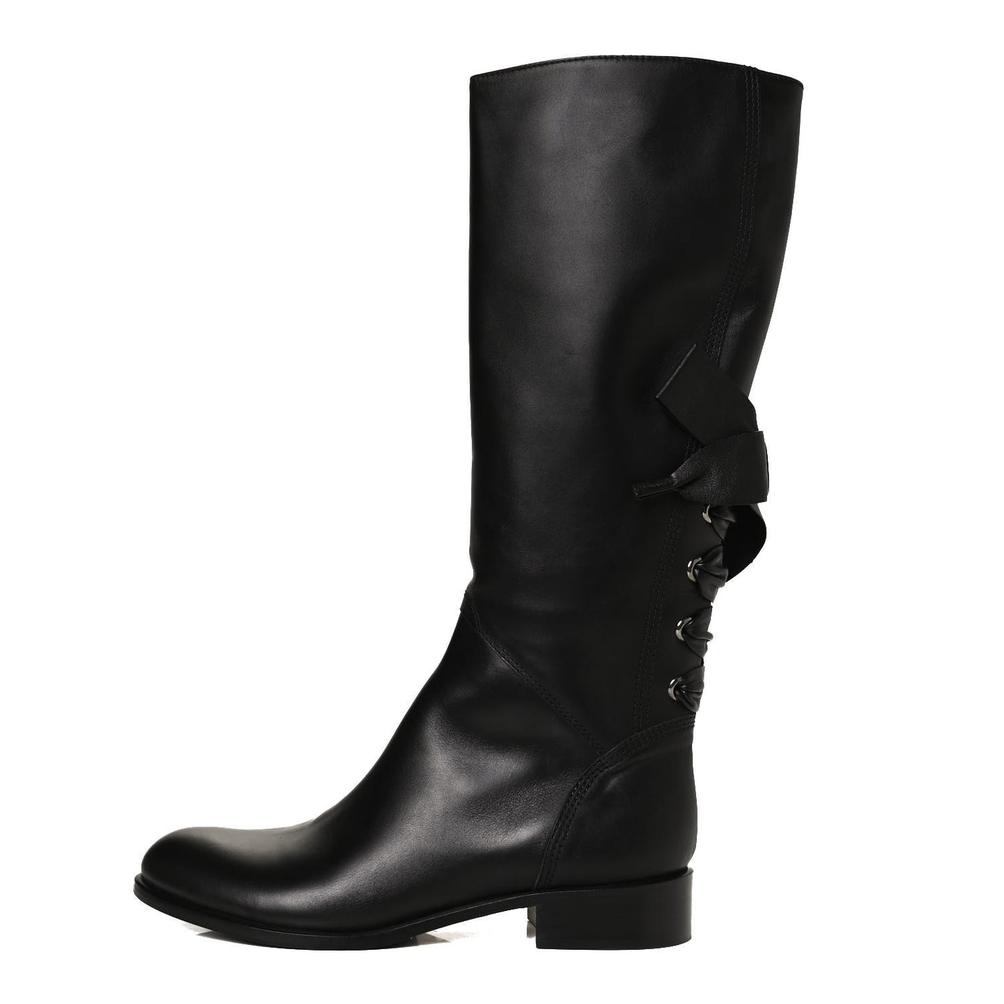 Calfskin Bow Lace Up Back Knee High Tall Boots 39.5 Black
