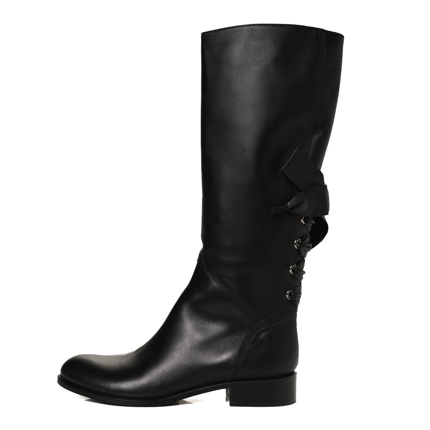 Valentino Garavani Calfskin Bow Lace Up Back Knee High Tall Boots 39.5 Black 1 of 12