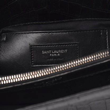 Saint Laurent Calfskin Crocodile Embossed Medium College Monogram Satchel Black 7 of 12