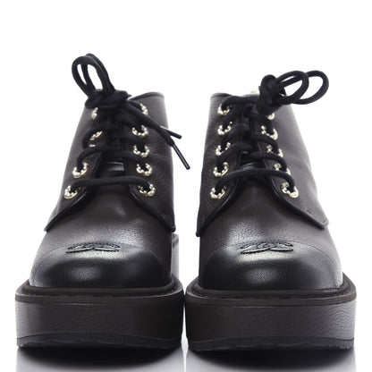 Chanel Goatskin Pearl Lace Up CC Short Boots 40 Brown Black 2 of 11