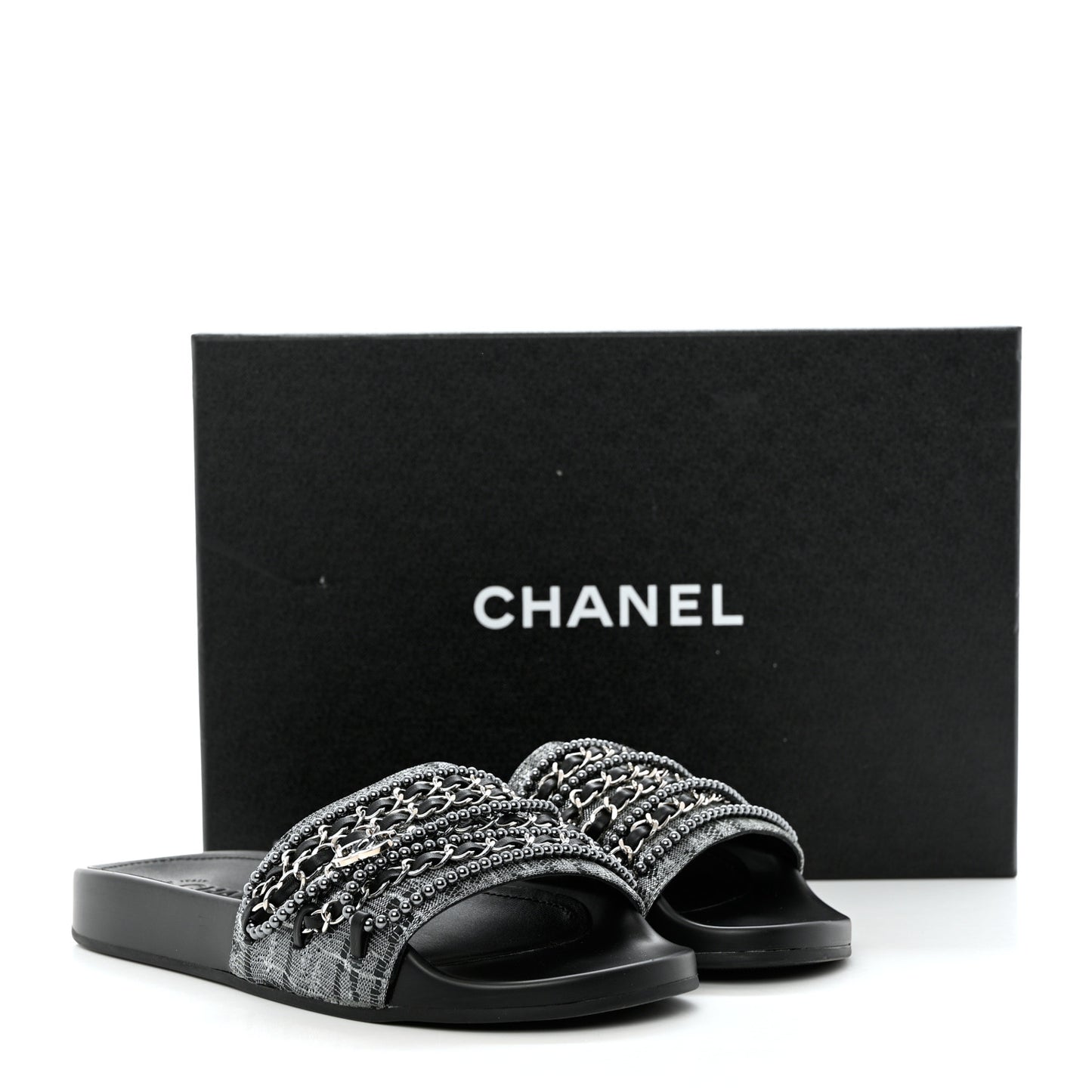 Fantasy Lambskin Chain Flat Sandals 37 Silver Black