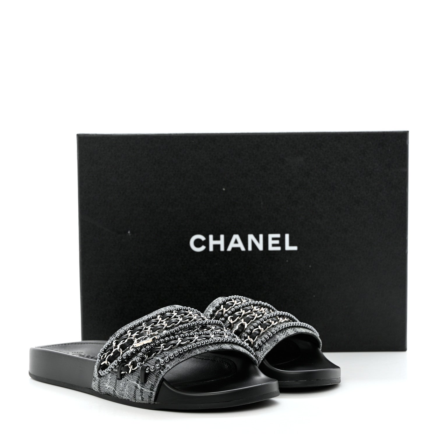 Chanel Fantasy Lambskin Chain Flat Sandals 37 Silver Black 10 of 10