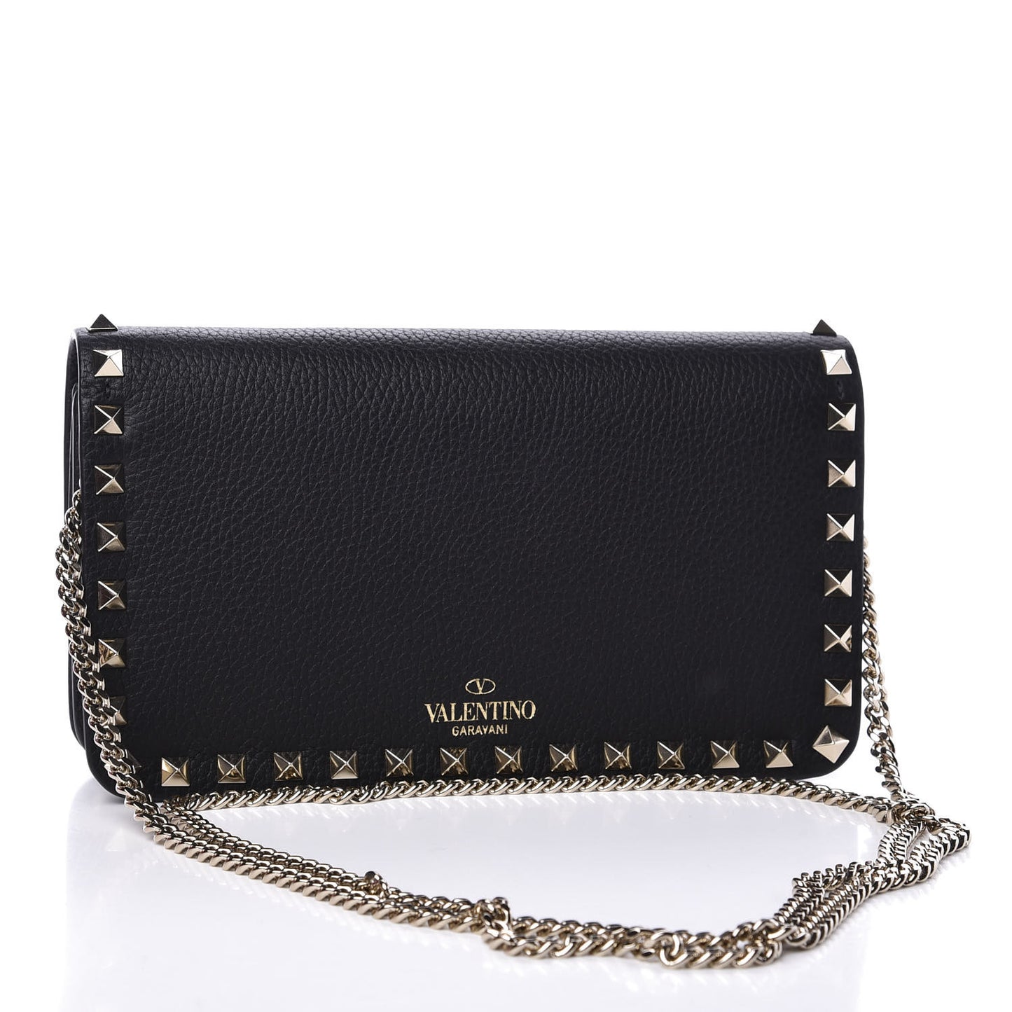 Pebbled Calfskin Rockstud Flap Wallet On Chain Black