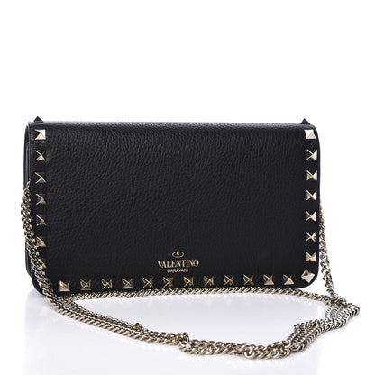 Valentino Garavani Pebbled Calfskin Rockstud Flap Wallet On Chain Black 2 of 11