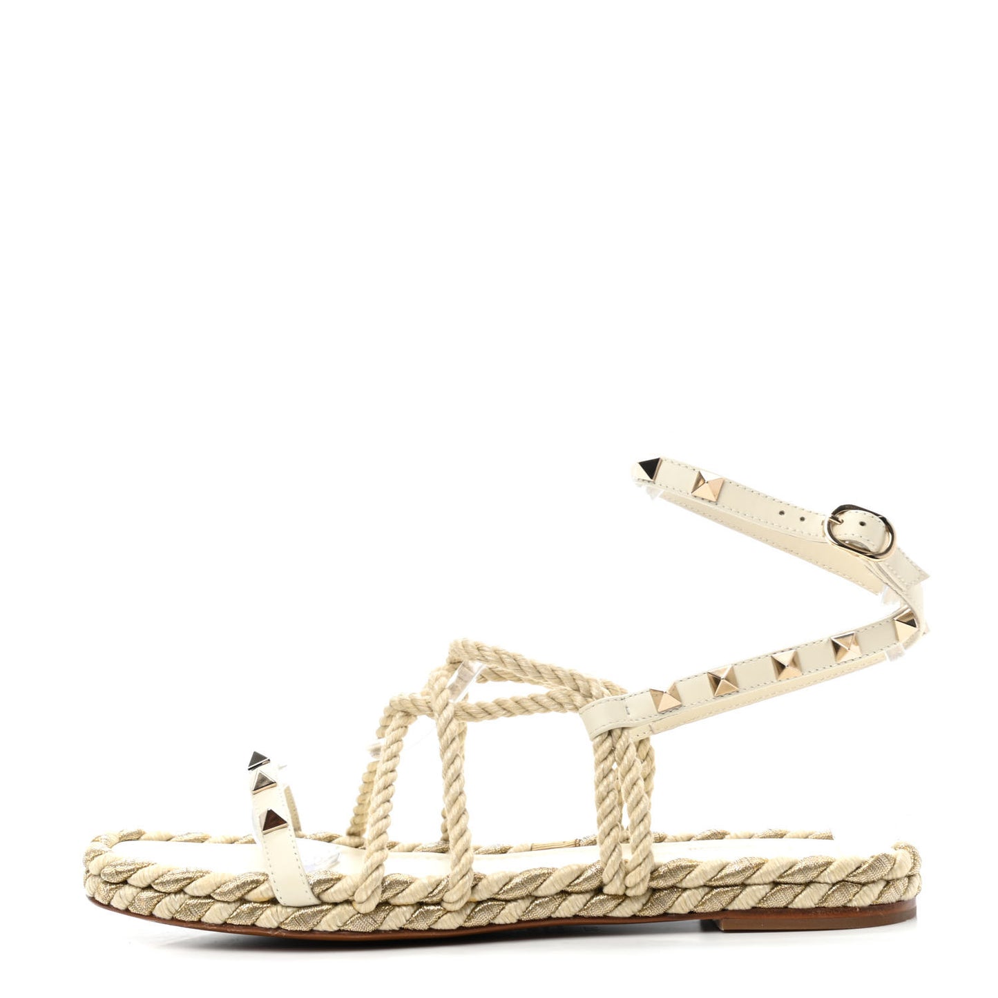 Calfskin Rockstud Torchon Rope Espadrille Flat Sandals 38 Light Ivory