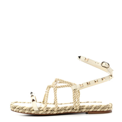 Valentino Garavani Calfskin Rockstud Torchon Rope Espadrille Flat Sandals 38 Light Ivory 1 of 4