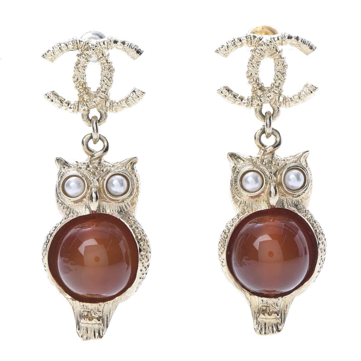 Chanel Resin Pearl CC Owl Earring Gold Orange 1 of 4