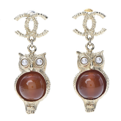 Chanel Resin Pearl CC Owl Earring Gold Orange 1 of 4