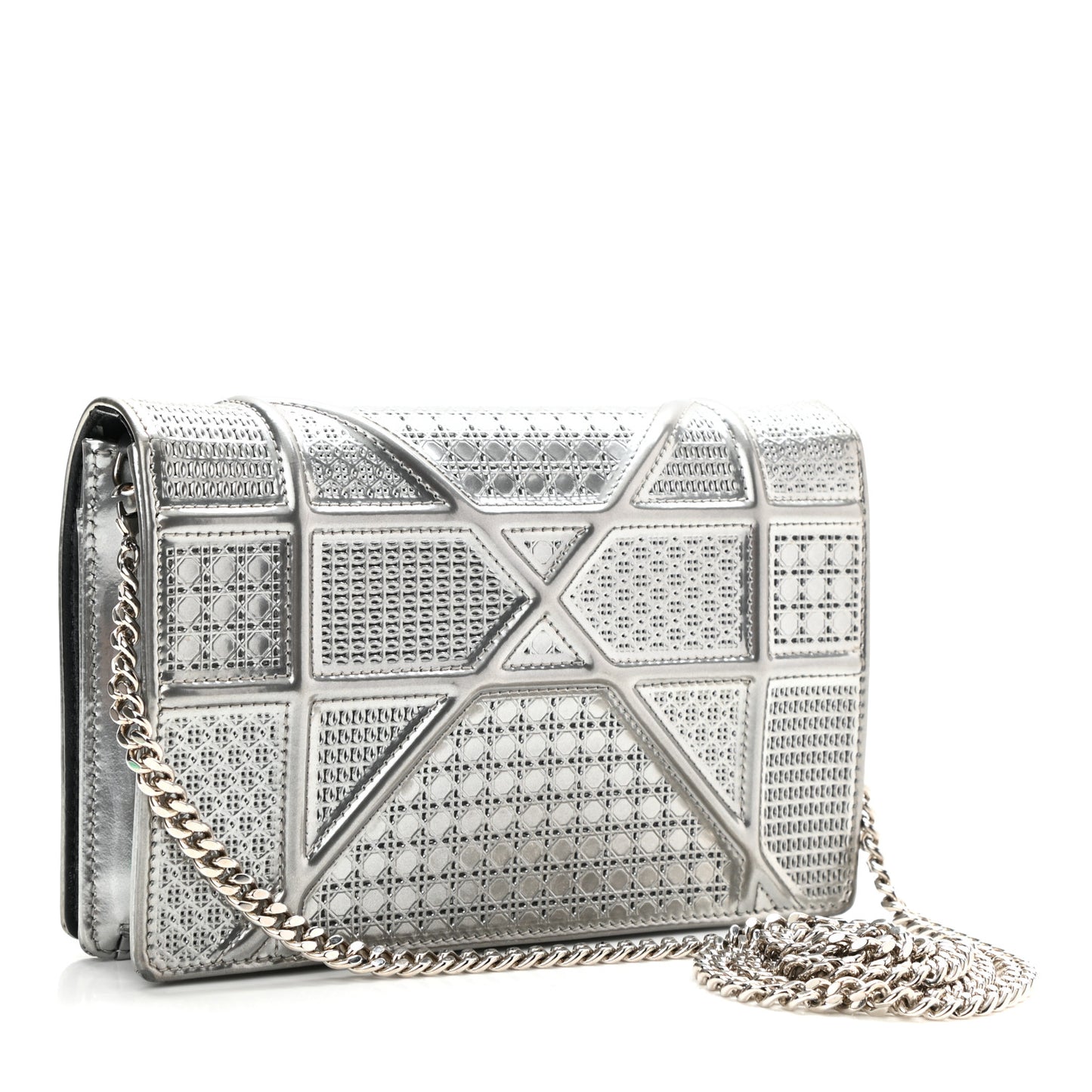 Metallic Patent Micro-Cannage Diorama Wallet on Chain Pouch Silver