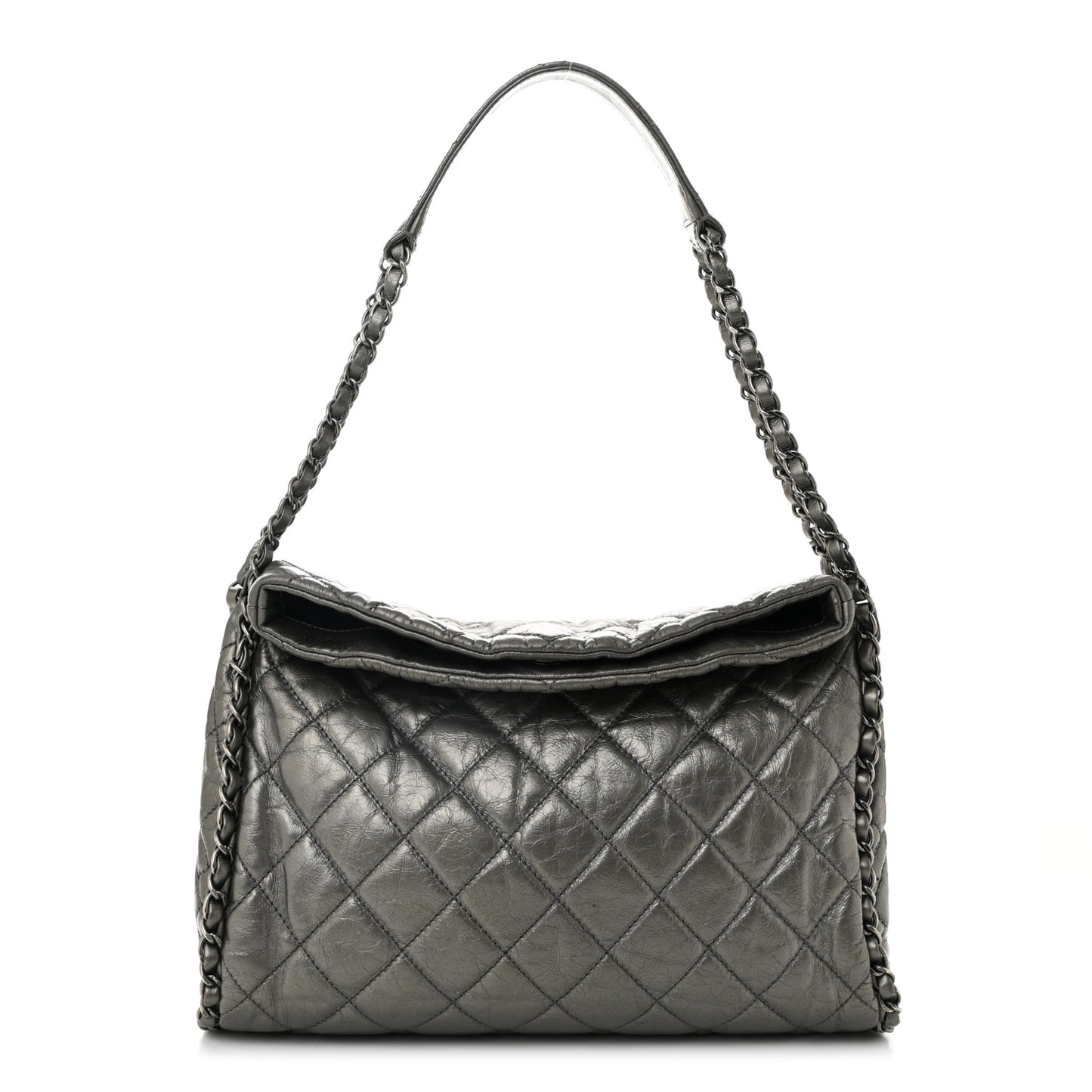 Metallic Calfskin Quilted Medium Chain Me Hobo Dark Silver
